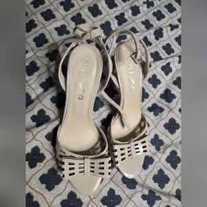 Unisa Cream Patent Bow Open-Toe Slingback Heels